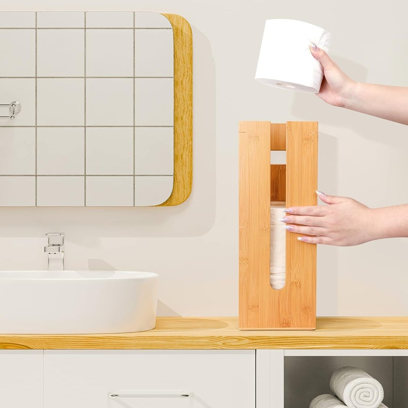 GOBAM Bamboo Toilet Paper Storage - Fits 3 Mega Toilet Paper, Bathroom Organizer, Toilet Paper Holder Stand, Bamboo Bathroom Accessories - Natural, 5.9 x 5.9 x 16.1 inches - Image 3
